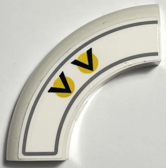 Brick, Round Corner 5 x 5 x 1 without Studs with 2 Black Chevrons / V-Shapes on Yellow Circles and Dark Bluish Gray Border Pattern Model Left Side (Sticker) - Set 75327