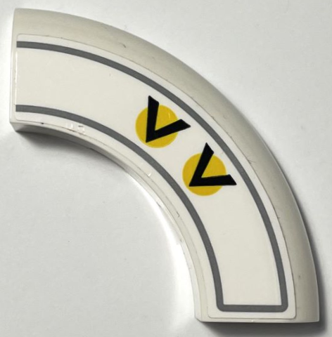 Brick, Round Corner 5 x 5 x 1 without Studs with 2 Black Chevrons / V-Shapes on Yellow Circles and Dark Bluish Gray Border Pattern Model Right Side (Sticker) - Set 75327