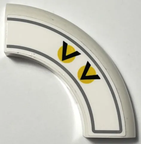 Brick, Round Corner 5 x 5 x 1 without Studs with 2 Black Chevrons / V-Shapes on Yellow Circles and Dark Bluish Gray Border Pattern Model Right Side (Sticker) - Set 75327