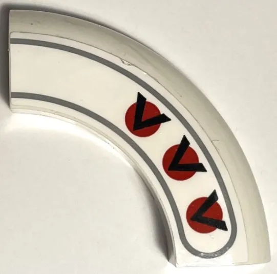 Brick, Round Corner 5 x 5 x 1 without Studs with 3 Black Chevrons / V-Shapes on Red Circles and Dark Bluish Gray Border Pattern Model Left Side (Sticker) - Set 75327