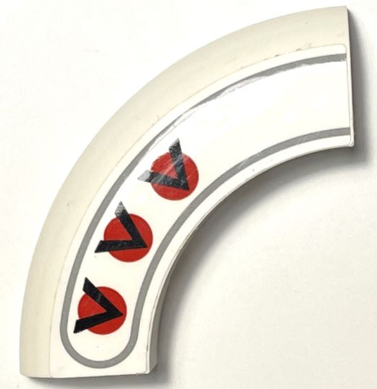 Brick, Round Corner 5 x 5 x 1 without Studs with 3 Black Chevrons / V-Shapes on Red Circles and Dark Bluish Gray Border Pattern Model Right Side (Sticker) - Set 75327