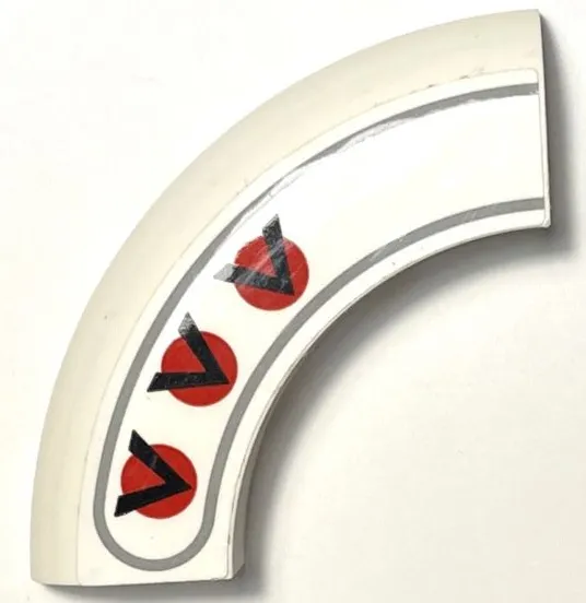 Brick, Round Corner 5 x 5 x 1 without Studs with 3 Black Chevrons / V-Shapes on Red Circles and Dark Bluish Gray Border Pattern Model Right Side (Sticker) - Set 75327