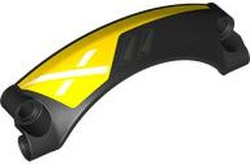 Technic, Panel Car Mudguard Arched #42 9 x 2 x 3 Rounded Top with Dark Silver Air Vents and White X on Yellow Background Pattern Model Left Side