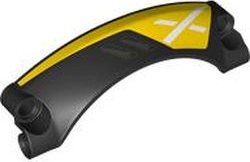 Technic, Panel Car Mudguard Arched #42 9 x 2 x 3 Rounded Top with Dark Silver Air Vents and White X on Yellow Background Pattern Model Right Side