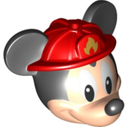 Minifigure, Head, Modified Mouse with Black Ears and Nose and White Eyes and Red Fire Helmet with Gold Fire Logo Pattern (Mickey)