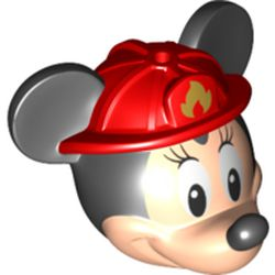 Minifigure, Head, Modified Mouse with Black Ears and Nose and White Eyes with Eyelashes and Red Fire Helmet with Gold Fire Logo Pattern (Minnie)