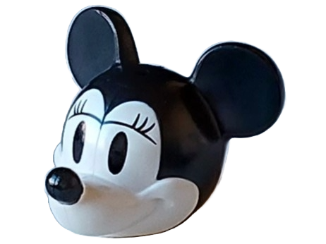 Minifigure, Head, Modified Mouse with Molded Black Top and Ears and Printed Nose and Eyes with Eyelids and Eyelashes Pattern (Vintage Minnie)