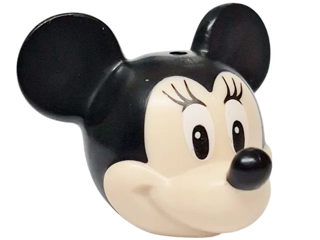 Minifigure, Head, Modified Mouse with Molded Black Top and Ears and Printed Nose, White Eyes Looking Right with Eyelashes Pattern (Minnie)