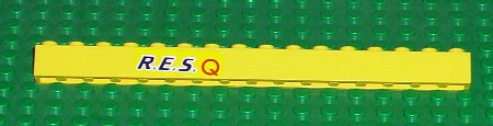 Brick 1 x 16 with Black 'R.E.S.' and Red 'Q' on Yellow Background Pattern (Sticker) - Set 6451