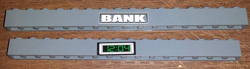 Brick 1 x 16 with White 'BANK' and Green '12:04' Digital Clock on Reverse Pattern (Stickers) - Set 4854