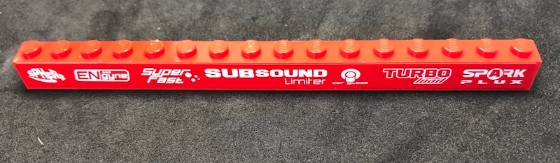 Brick 1 x 16 with 'SPHERE', 'ENgyne', 'Super Fast', 'SUBSOUND Limiter', 'car glass', 'TURBO load' and 'SPARK PLUX' Pattern (Sticker) - Set 8184