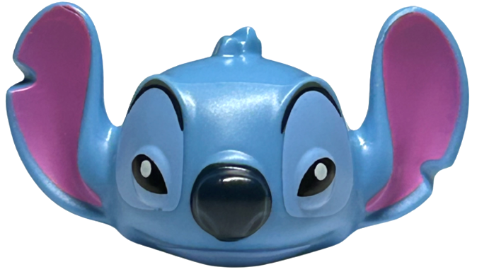 Minifigure, Head, Modified Alien Stitch with Dark Pink Ears, Black Eyebrows and Narrow Eyes, Dark Blue Nose and Bright Light Blue Lower Jaw and Around Eyes Pattern