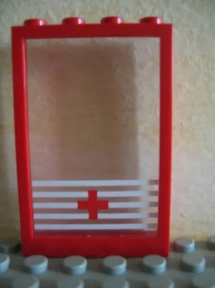 Window 1 x 4 x 5 with Solid Studs with Trans-Clear Glass with 5 White Stripes and Red Cross Pattern (Sticker) - Set 6380