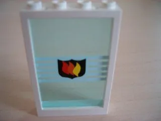Window 1 x 4 x 5 with Trans-Light Blue Glass with White Stripes and Fire Logo Badge Pattern