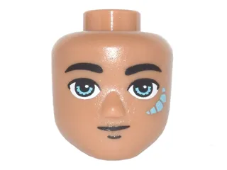 Mini Doll, Head Friends Male Large with Black Eyebrows, Dark Azure Eyes, Slight Smile, and Dark Azure Elves Tribal Pattern