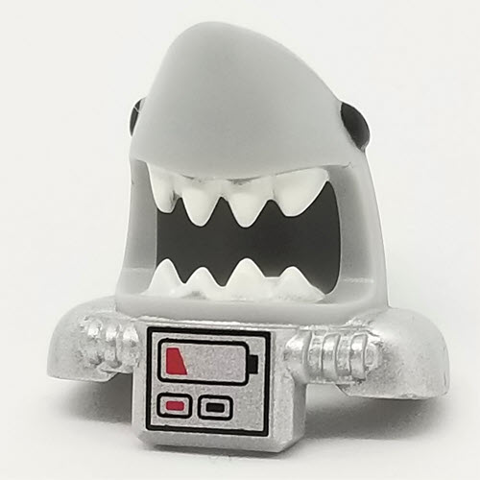 Minifigure, Headgear Mask Shark Head with Open Mouth with White Teeth, Black Eyes, Metallic Silver Shoulder Pads and Front Panel and Battery Pattern
