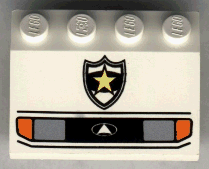 Vehicle, Mudguard 3 x 4 Slope with Silver Car Headlights, Orange Signal Lights, Black Grille with Triangle in Oval Logo, Police Yellow Star Badge Pattern