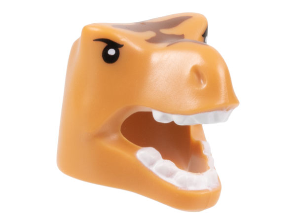 Minifigure, Headgear Head Cover, Costume Tyrannosaurus rex / Dragon with Black Eyes, Reddish Brown Stripes, and White Teeth Pattern