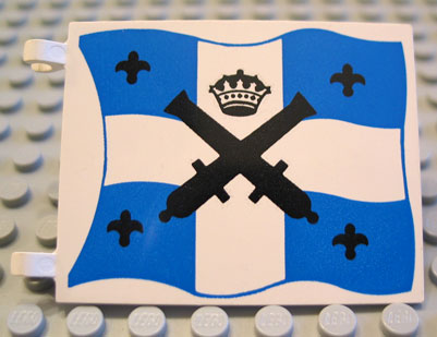 Flag 6 x 5 with Black Crossed Cannons and Crown with Black Dots over Blue and White Cross Pattern on Both Sides