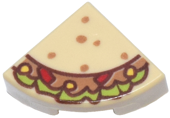 Tile, Round 1 x 1 Quarter with Medium Nougat, Lime, Red and Yellow Taco Pattern