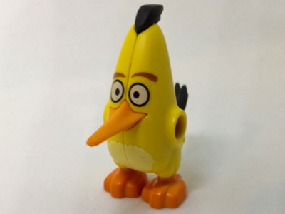 Body Angry Birds Chuck with Fixed Flexible Rubber Orange Beak and Black Hair and Tail Feathers and Printed Dark Orange Eyebrows, White Eyes, Tan Stomach, and Orange Feet Pattern