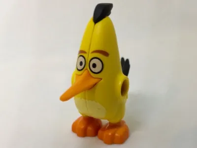 Body Angry Birds Chuck with Fixed Flexible Rubber Orange Beak and Black Hair and Tail Feathers and Printed Dark Orange Eyebrows, White Eyes, Tan Stomach, and Orange Feet Pattern