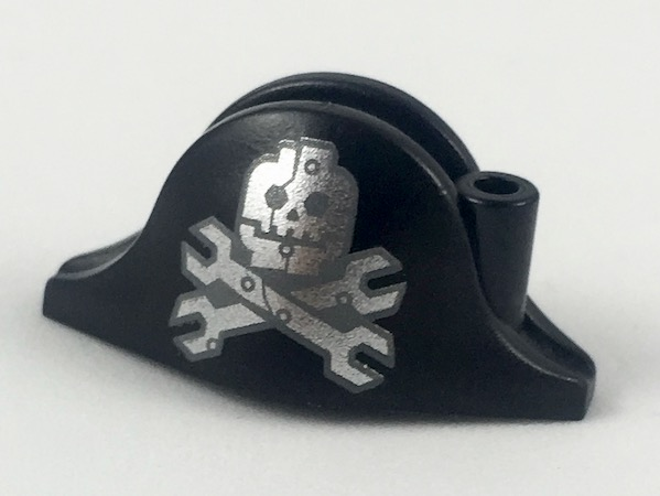 Minifigure, Headgear Hat, Pirate Bicorne with Silver Minifigure Skull with Half Mask and Wrenches Crossbones Pattern
