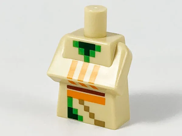 Torso, Modified Long with Folded Arms with Pixelated Dark Green, Gold, Green, Orange, and Reddish Brown Minecraft Desert Villager (Farmer) Pattern