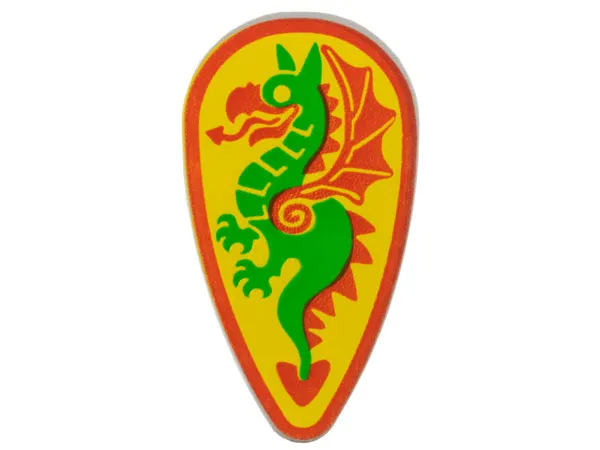 Minifigure, Shield Oval with Green and Red Dragon on Yellow Background Pattern