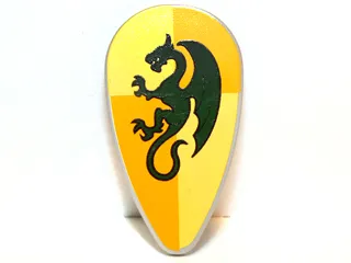 Minifigure, Shield Oval with Dark Green Dragon on Bright Light Orange and Bright Light Yellow Quarters Background Pattern