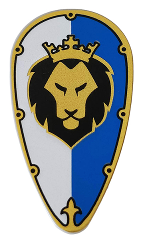 Minifigure, Shield Oval with Gold and Black Border and Lion Head on White and Blue Background Pattern