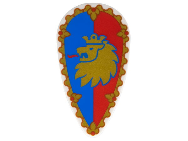 Minifigure, Shield Oval with Gold Border and Lion Head on Blue and Red Background Pattern