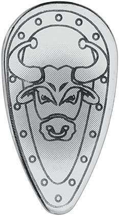 Minifigure, Shield Oval with Bull Head Black Outline on Chrome Silver Pattern