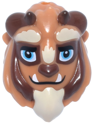 Mini Doll, Headgear Mask Beast, Holes on Top and Back with Reddish Brown Horns, Black Thick Eyebrows, Medium Azure Eyes with Single Glints, White Fangs and Tan Beard Pattern