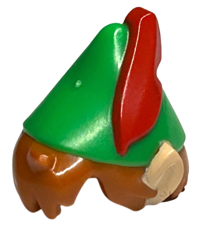 Minifigure, Hair Combo, Hair with Hat, Messy with Molded Bright Green Pointed Hat with Red Feather and Printed Light Nougat Pointed Ears Pattern