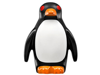 Penguin with Flippers and Stud on Back with Orange Beak and Feet, White Stomach and Red Eyes Pattern
