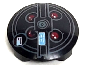 Plate, Round 2 x 2 with Rounded Bottom (Boat Stud) with Red Lights and Dark Bluish Gray Concentric Circles (Proton Pack) Pattern