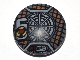 Plate, Round 2 x 2 with Rounded Bottom (Boat Stud) with Grid, Black and Orange Concentric Circles and Red Heart (Proton Pack) Pattern