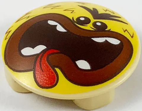 Plate, Round 2 x 2 with Rounded Bottom (Boat Stud) with Angry Face, Dark Brown Hair, Reddish Brown Lips, and Wide Open Mouth with Teeth and Tongue Pattern