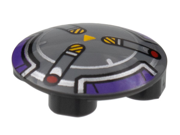 Plate, Round 2 x 2 with Rounded Bottom (Boat Stud) with Dark Purple and Silver Border, 3 Spokes with Black and Yellow Danger Stripes and Red Dots Pattern