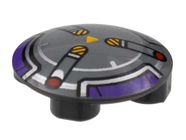 Plate, Round 2 x 2 with Rounded Bottom (Boat Stud) with Dark Purple and Silver Border, 3 Spokes with Black and Yellow Danger Stripes and Red Dots Pattern