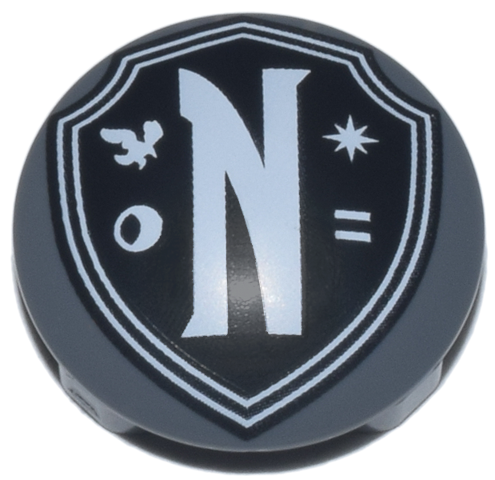 Plate, Round 2 x 2 with Rounded Bottom (Boat Stud) with Black Nevermore Academy Shield Emblem with White Border, Letter N, Raven, Moon, Star, and Equal Sign Pattern