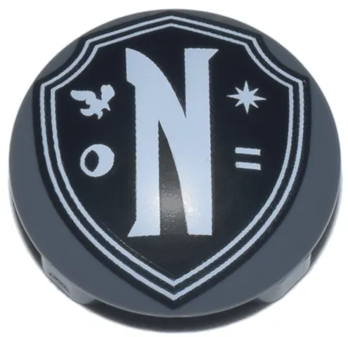 Plate, Round 2 x 2 with Rounded Bottom (Boat Stud) with Black Nevermore Academy Shield Emblem with White Border, Letter N, Raven, Moon, Star, and Equal Sign Pattern