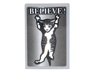 Tile 2 x 3 with Kitten Dangling and White 'BELIEVE!' Pattern (Sticker) - Set 70620
