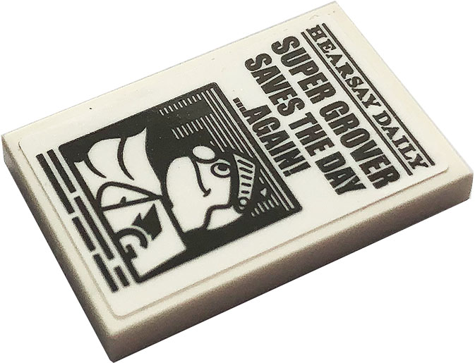 Tile 2 x 3 with Black 'HEARSAY DAILY', 'SUPER GROVER SAVES THE DAY ...AGAIN!' Pattern (Sticker) - Set 21324