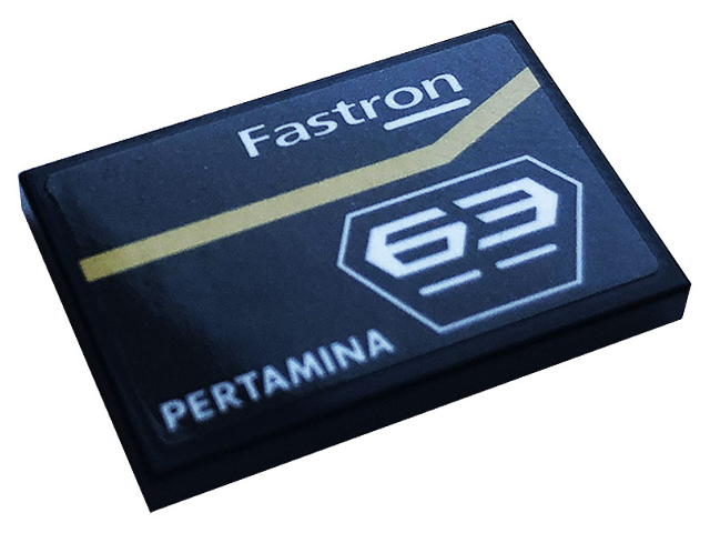 Tile 2 x 3 with Gold Stripe, White 'Fastron', '63', and 'PERTAMINA' Pattern Model Right Side (Sticker) - Set 76899