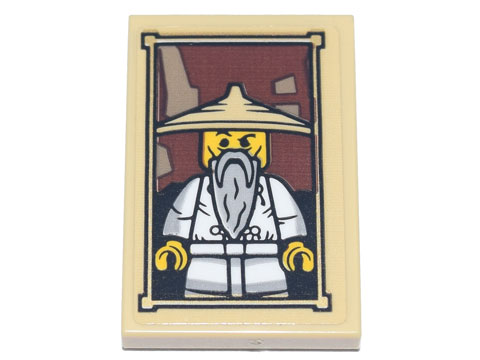 Tile 2 x 3 with Framed Picture Minifigure with White Robe, Light Bluish Gray Beard and Tan Conical Hat (Yang / Wu) Pattern (Sticker) - Set 71741