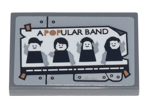 Tile 2 x 3 with Poster of 'A POPULAR BAND' and 4 Minifigures over Silver Metal Plates and Rivets Pattern (Sticker) - Set 70840