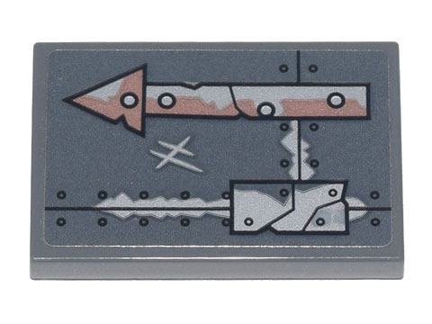 Tile 2 x 3 with Copper and Silver Arrow, Metal Plates, Seams, Rivets and Dirt Pattern (Sticker) - Set 70840