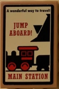 Tile 2 x 3 with Train Poster with 'A wonderful way to travel!', 'JUMP ABOARD!' and 'MAIN STATION' Pattern (Sticker) - Set 71044